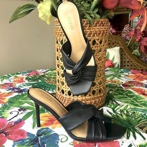 Brand New Guess Genuine Leather Black Heeled Sandals Knotted Slip-On Stilettos